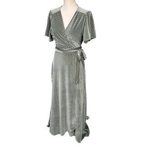 Baltic Born Andi Velvet Ribbed Dusty Sage Green Wrap Maxi Dress V-Neck Size XL